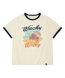 ウィメンズサマーグラフィックリンガーセミオーバー半袖Tシャツクリーム