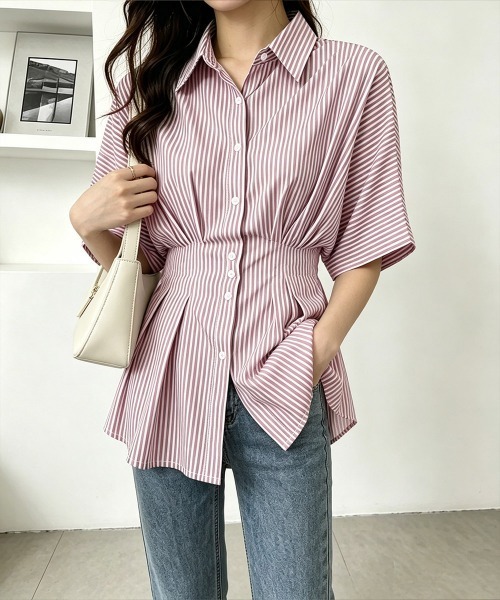Miniministore(ミニミニストア)の「ストライプシャツブラウス ウエストマーク(シャツ/ブラウス・レディース・ピンク/ライトブルー/ブラック/ライトブラウン・L/M)」の4枚目の写真