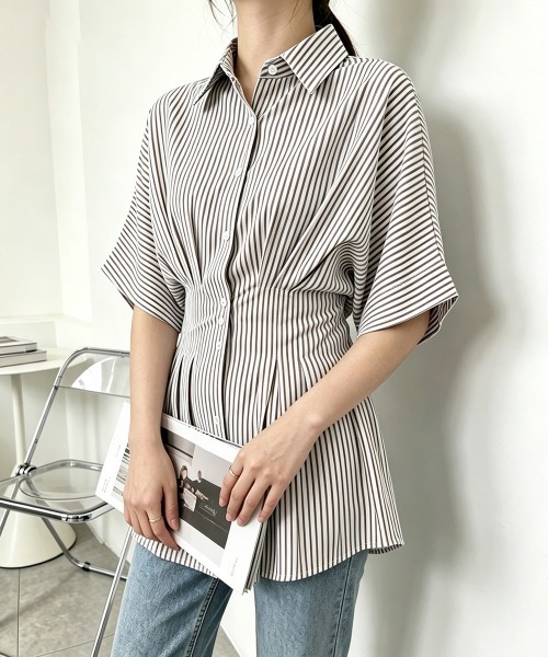 Miniministore(ミニミニストア)の「ストライプシャツブラウス ウエストマーク(シャツ/ブラウス・レディース・ピンク/ライトブルー/ブラック/ライトブラウン・L/M)」の3枚目の写真