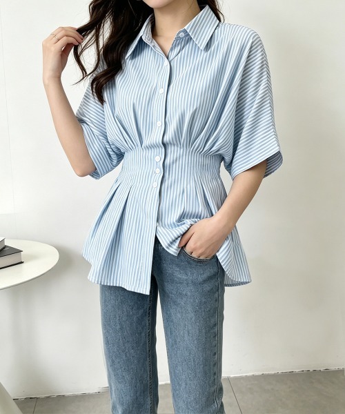 Miniministore(ミニミニストア)の「ストライプシャツブラウス ウエストマーク(シャツ/ブラウス・レディース・ピンク/ライトブルー/ブラック/ライトブラウン・L/M)」の1枚目の写真