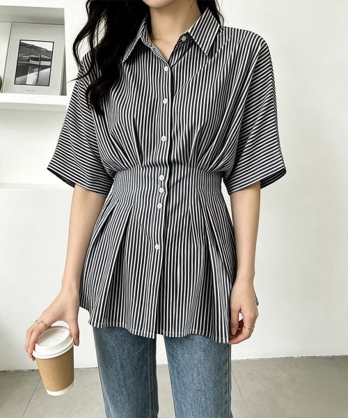 Miniministore(ミニミニストア)の「ストライプシャツブラウス ウエストマーク(シャツ/ブラウス・レディース・ピンク/ライトブルー/ブラック/ライトブラウン・L/M)」の2枚目の写真