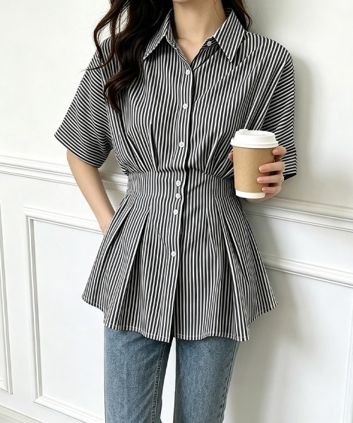 Miniministore(ミニミニストア)の「ストライプシャツブラウス ウエストマーク(シャツ/ブラウス・レディース・ピンク/ライトブルー/ブラック/ライトブラウン・L/M)」の5枚目の写真