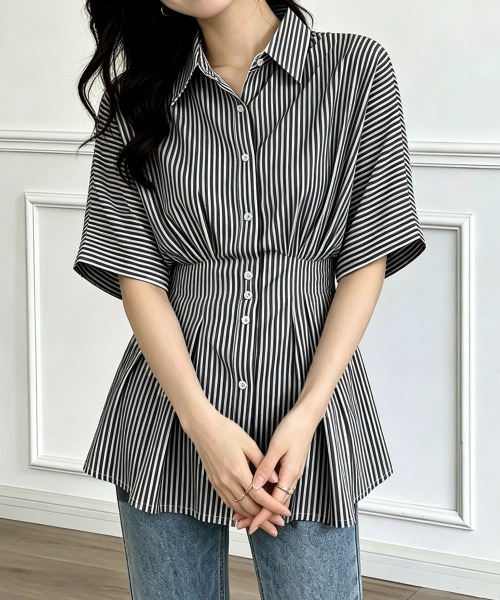 Miniministore(ミニミニストア)の「ストライプシャツブラウス ウエストマーク(シャツ/ブラウス・レディース・ピンク/ライトブルー/ブラック/ライトブラウン・L/M)」の6枚目の写真