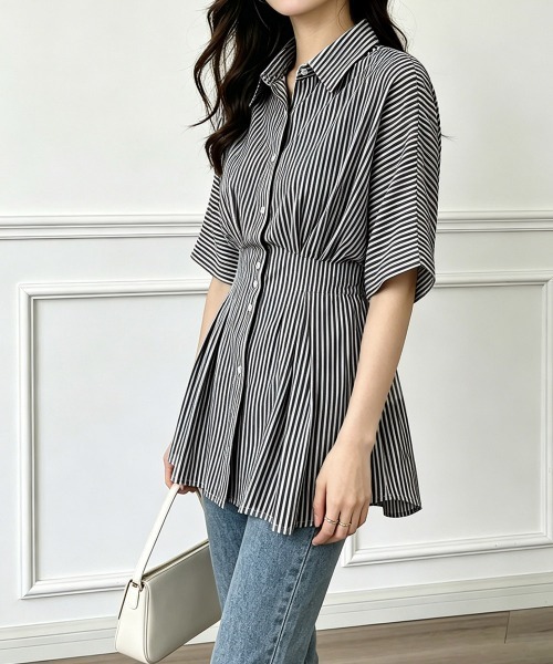 Miniministore(ミニミニストア)の「ストライプシャツブラウス ウエストマーク(シャツ/ブラウス・レディース・ピンク/ライトブルー/ブラック/ライトブラウン・L/M)」の7枚目の写真