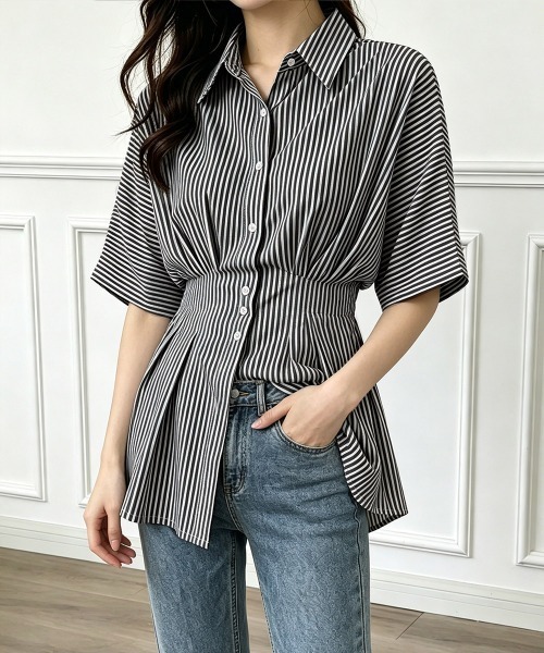 Miniministore(ミニミニストア)の「ストライプシャツブラウス ウエストマーク(シャツ/ブラウス・レディース・ピンク/ライトブルー/ブラック/ライトブラウン・L/M)」の8枚目の写真