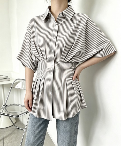 Miniministore(ミニミニストア)の「ストライプシャツブラウス ウエストマーク(シャツ/ブラウス・レディース・ピンク/ライトブルー/ブラック/ライトブラウン・L/M)」の9枚目の写真