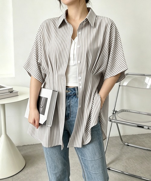 Miniministore(ミニミニストア)の「ストライプシャツブラウス ウエストマーク(シャツ/ブラウス・レディース・ピンク/ライトブルー/ブラック/ライトブラウン・L/M)」の10枚目の写真