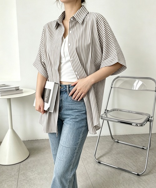 Miniministore(ミニミニストア)の「ストライプシャツブラウス ウエストマーク(シャツ/ブラウス・レディース・ピンク/ライトブルー/ブラック/ライトブラウン・L/M)」の11枚目の写真