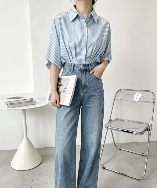 Miniministore(ミニミニストア)の「ストライプシャツブラウス ウエストマーク(シャツ/ブラウス・レディース・ピンク/ライトブルー/ブラック/ライトブラウン・L/M)」の16枚目の写真
