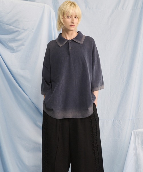 MAISON SPECIAL（メゾンスペシャル）の「《UNISEX》High Twist Prime-Over Pigment Bleach Knit Polo Shirt/ハイツイストプライムオーバーピグメントブリーチニットポロシャツ【MAISON SPECIAL/メゾンスペシャル】（ポロシャツ・メンズ・ブラック/サックスブルー/ピンク/ネイビー・0/2/1）」の18枚目の写真