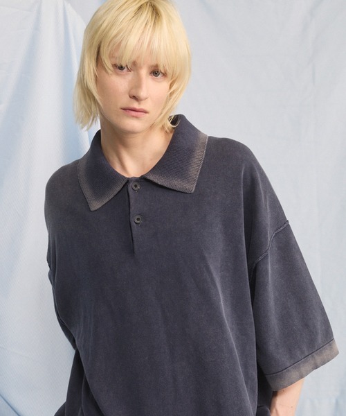 MAISON SPECIAL（メゾンスペシャル）の「《UNISEX》High Twist Prime-Over Pigment Bleach Knit Polo Shirt/ハイツイストプライムオーバーピグメントブリーチニットポロシャツ【MAISON SPECIAL/メゾンスペシャル】（ポロシャツ・メンズ・ブラック/サックスブルー/ピンク/ネイビー・0/2/1）」の21枚目の写真
