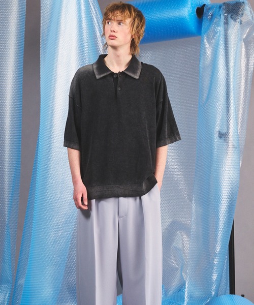 UNISEX》High Twist Prime-Over Pigment Bleach Knit Polo Shirt/ハイ UNISEX》High Twist Prime-Over Pigment Bleach Knit Polo Shirt/ハイ