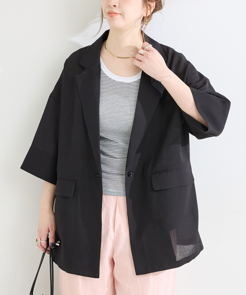 B.C STOCK(ベーセーストック)の「《追加》手洗い可 / ハーフスリーブジャケット(その他アウター・レディース・ベージュ/ブラック・FREE)」の1枚目の写真