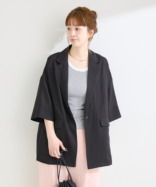 B.C STOCK(ベーセーストック)の「《追加》手洗い可 / ハーフスリーブジャケット(その他アウター・レディース・ベージュ/ブラック・FREE)」の8枚目の写真