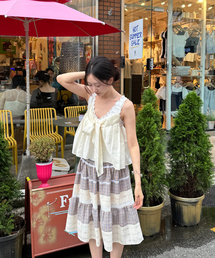 Smocking Color Block Flare Skirt (Beige)