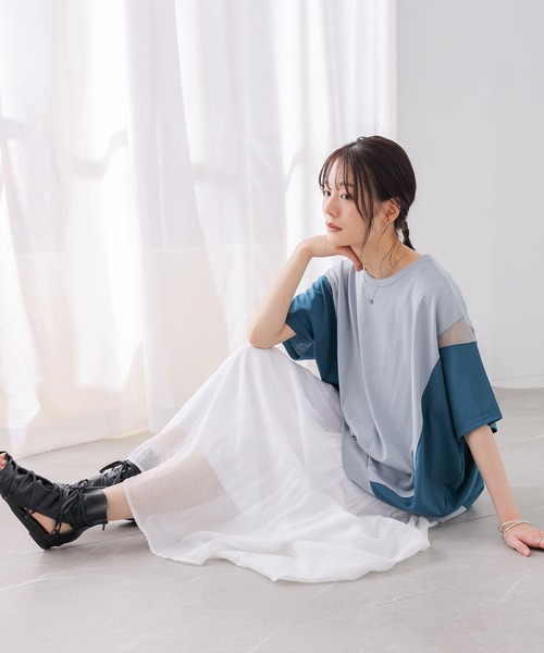 n'OrLABEL(ノアールレーベル)の「【接触冷感】配色メッシュ切替ドルマンカットソー(Tシャツ/カットソー・レディース・ブラック/ライトブルー/グレイッシュベージュ・FREE)」の7枚目の写真