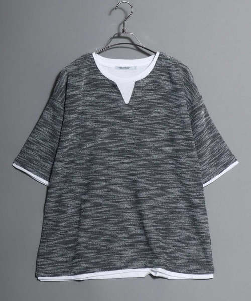 ANPAS（アンパス）の「Faux Layered Key-Neck Tee / フェイクレイヤード キーネック 半袖Tシャツ メンズ トップス カットソー ムジ 無地T（Tシャツ/カットソー・メンズ・チャコール/ブラック・M/L/LL）」の3枚目の写真