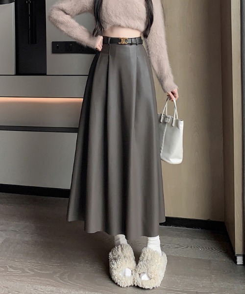 LUCPY（ラクピー）の「ベルト付き ハイウエストAラインロングスカート（スカート・レディース・ダークグレー/ブラック・X-LARGE/LARGE/MEDIUM/SMALL）」の2枚目の写真