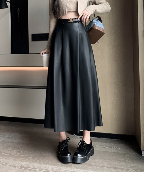 LUCPY（ラクピー）の「ベルト付き ハイウエストAラインロングスカート（スカート・レディース・ダークグレー/ブラック・X-LARGE/LARGE/MEDIUM/SMALL）」の3枚目の写真