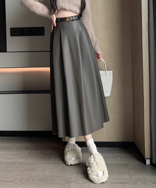 LUCPY（ラクピー）の「ベルト付き ハイウエストAラインロングスカート（スカート・レディース・ダークグレー/ブラック・X-LARGE/LARGE/MEDIUM/SMALL）」の4枚目の写真