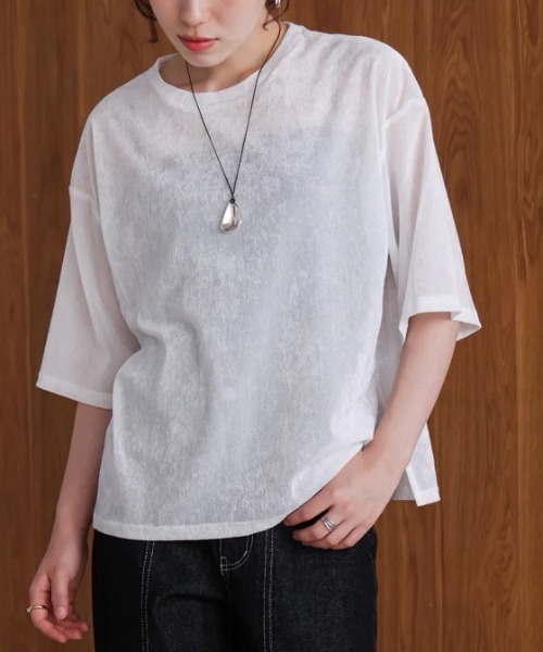 Bou Jeloud(ブージュルード)の「シアーベロア五分袖Tシャツ(Tシャツ/カットソー・レディース・マスタード/オフホワイト・MEDIUM)」の1枚目の写真