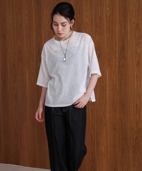 Bou Jeloud(ブージュルード)の「シアーベロア五分袖Tシャツ(Tシャツ/カットソー・レディース・マスタード/オフホワイト・MEDIUM)」の12枚目の写真