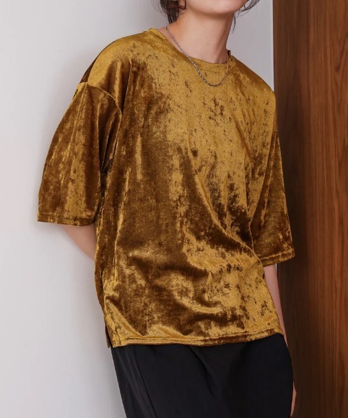 Bou Jeloud(ブージュルード)の「シアーベロア五分袖Tシャツ(Tシャツ/カットソー・レディース・マスタード/オフホワイト・MEDIUM)」の3枚目の写真