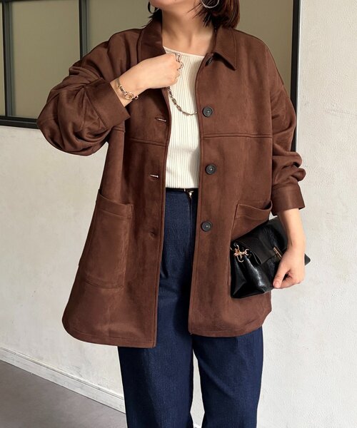 Chez toi(シェトワ)の「フェイクスエードシャツ風ジャケット(テーラードジャケット・レディース・ブラウン/チャコールグレー・FREE)」の1枚目の写真