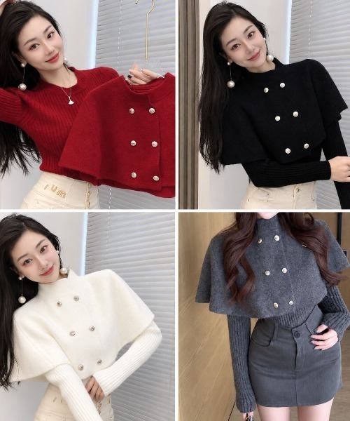 LETee(レティー)の「【華やかな金ボタンが目を惹く!レイヤード風デザインで上品に仕上がるケープニット】(ニット/セーター・レディース・レッド・FREE)」の2枚目の写真