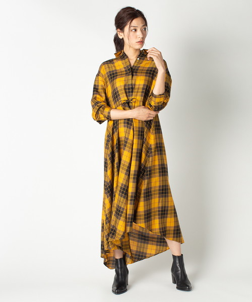 HELIOPOLE(エリオポール)の「トラディショナルチェック アシメヘムシャツワンピース(ワンピース・レディース・イエロー系その他/グリーン系その他・38)」の2枚目の写真