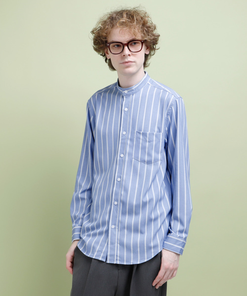 EMMA CLOTHES(エマクローズ)の「トリプルストライプ柄バンドカラーシャツ(シャツ/ブラウス・メンズ・インディゴブルー/サックスブルー・M/L)」の2枚目の写真