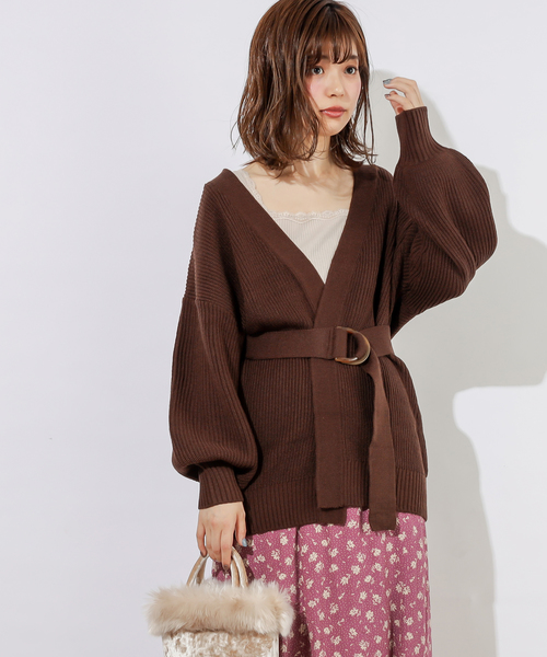 natural couture(ナチュラルクチュール)の「ベルト付きミドルカーディガン(カーディガン/ボレロ・レディース・ブラウン/オフホワイト/ピンク/レンガ・FREE)」の3枚目の写真