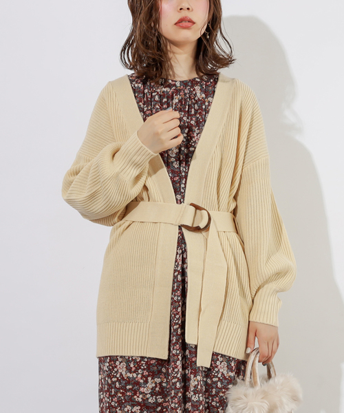natural couture(ナチュラルクチュール)の「ベルト付きミドルカーディガン(カーディガン/ボレロ・レディース・ブラウン/オフホワイト/ピンク/レンガ・FREE)」の1枚目の写真