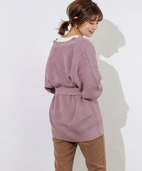 natural couture(ナチュラルクチュール)の「ベルト付きミドルカーディガン(カーディガン/ボレロ・レディース・ブラウン/オフホワイト/ピンク/レンガ・FREE)」の5枚目の写真