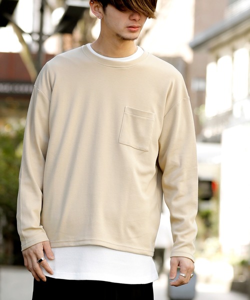 Beno（ビーノ）の「T/Cポンチ ワイドシルエット ロングスリーブ Tシャツ（Tシャツ/カットソー・メンズ・オフホワイト/ブラック/ダークグレー/グレイッシュベージュ/サンドベージュ/ダークブラウン/ダークグリーン/ネイビー・M/L）」の5枚目の写真