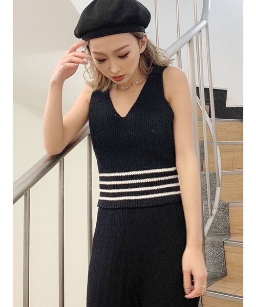 GYDA（ジェイダ）の「ウエストボーダー ニットタンクトップ（ニット/セーター・レディース・ブラック/オフホワイト/ピンク・FREE）」の3枚目の写真