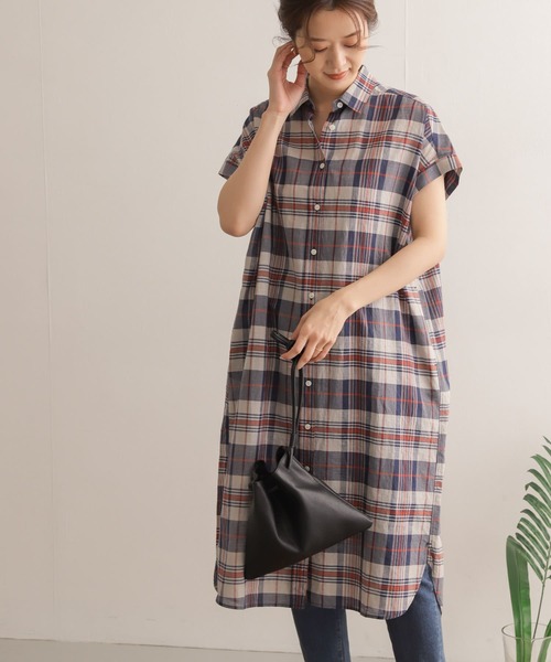 URBAN RESEARCH DOORS（アーバンリサーチドアーズ）の「インドコットンリネンチェックワンピース（ワンピース・レディース・オレンジ/ネイビー・ONE）」の2枚目の写真