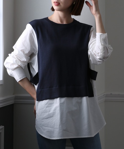 ElegChic（エレグシック）の「ブラウスドッキングニットプルオーバー（Tシャツ/カットソー・レディース・イエロー/グリーン/ライトグリーン/モカ/ライトパープル/ダークネイビー・FREE）」の5枚目の写真