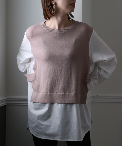 ElegChic（エレグシック）の「ブラウスドッキングニットプルオーバー（Tシャツ/カットソー・レディース・イエロー/グリーン/ライトグリーン/モカ/ライトパープル/ダークネイビー・FREE）」の2枚目の写真