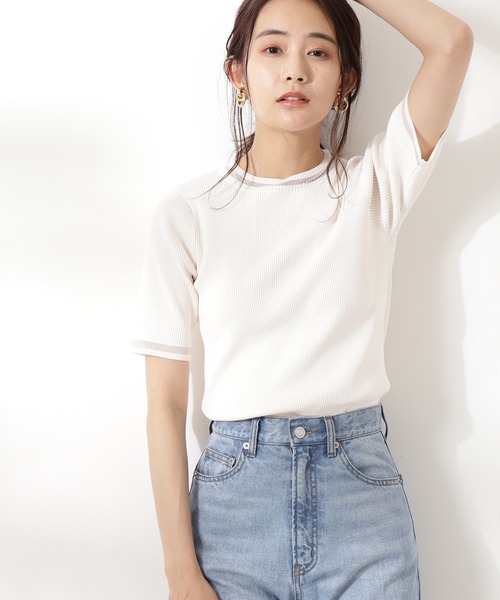 N.(N. Natural Beauty Basic)(エヌエヌナチュラルビューティーベーシック)の「【追加生産】◆シアーライン五分袖ニット(ニット/セーター・レディース・ホワイト/ブラック/ブルー・MEDIUM)」の2枚目の写真