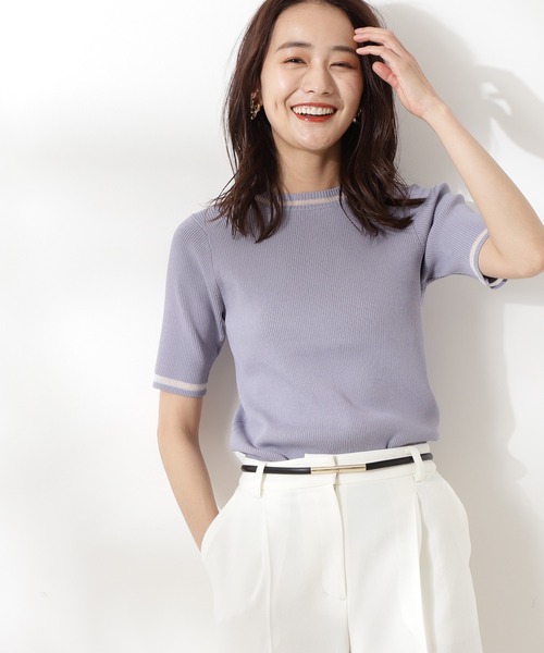 N.(N. Natural Beauty Basic)(エヌエヌナチュラルビューティーベーシック)の「【追加生産】◆シアーライン五分袖ニット(ニット/セーター・レディース・ホワイト/ブラック/ブルー・MEDIUM)」の1枚目の写真