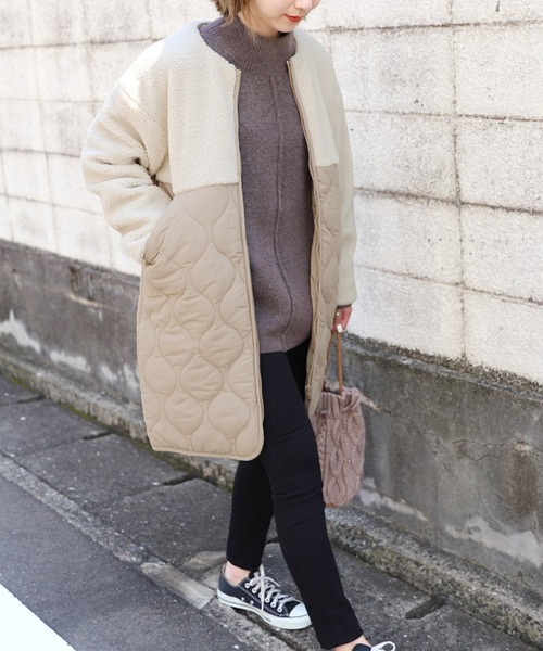 reca（レカ）の「ノーカラー ボア×中綿キルティングコート（ノーカラーコート・レディース・ブラック/カーキ/アイボリー・M/L）」の2枚目の写真