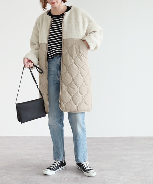 reca（レカ）の「ノーカラー ボア×中綿キルティングコート（ノーカラーコート・レディース・ブラック/カーキ/アイボリー・M/L）」の6枚目の写真