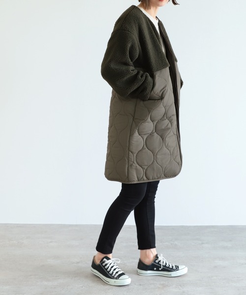 reca（レカ）の「ノーカラー ボア×中綿キルティングコート（ノーカラーコート・レディース・ブラック/カーキ/アイボリー・M/L）」の10枚目の写真