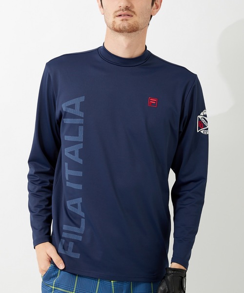 FILA GOLF(フィラゴルフ )の「【FILA:フィラゴルフ】メンズモックネック 袖胸ロゴ刺繍 フロントプリント 長袖シャツ / ゴルフウェア(Tシャツ/カットソー・メンズ・ホワイト/ブラック/ネイビー/カーキ/イエロー/オレンジ・MEDIUM/LARGE/X-LARGE)」の4枚目の写真