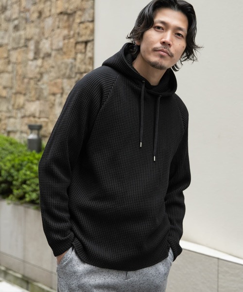 正規品★ランバンスポール★異素材ニットパーカー38赤×グレー参考4万円★一回着 JaVaジャバ コラボ》滑らか＆艶やか。ダンボールニットカンガルー