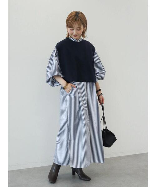 SETニットベスト+ギャザーシャツワンピース