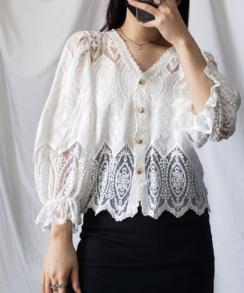 me+em select（ミームセレクト）の「ボリュームスリーブ刺繍レースカーディガン（カーディガン/ボレロ・レディース・ホワイト/ベージュ・FREE）」の8枚目の写真