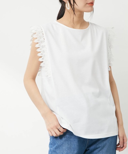Green Parks(グリーンパークス)の「レースドッキング甘TEE(Tシャツ/カットソー・レディース・ブラック/ブラウン/オフホワイト/ブルーグリーン・FREE)」の2枚目の写真