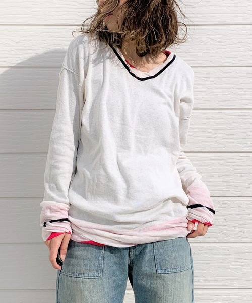 Q（キュー）の「BROS Vネックニット（ニット/セーター・レディース・ライム/アイボリー・MEDIUM）」の2枚目の写真